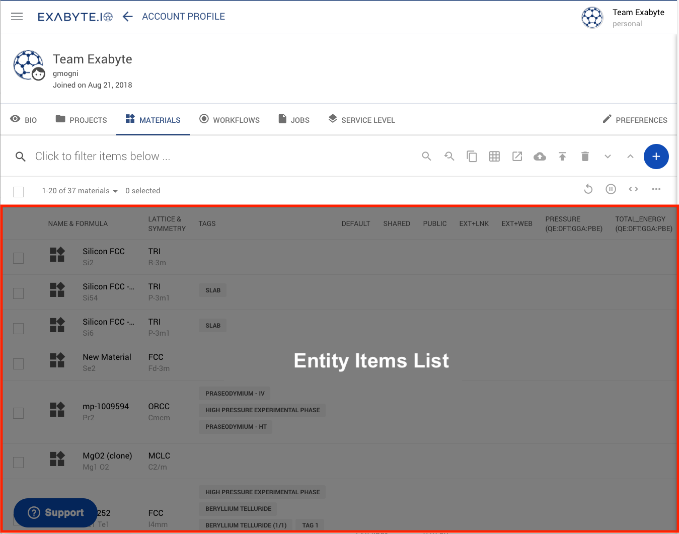 Entity Items List